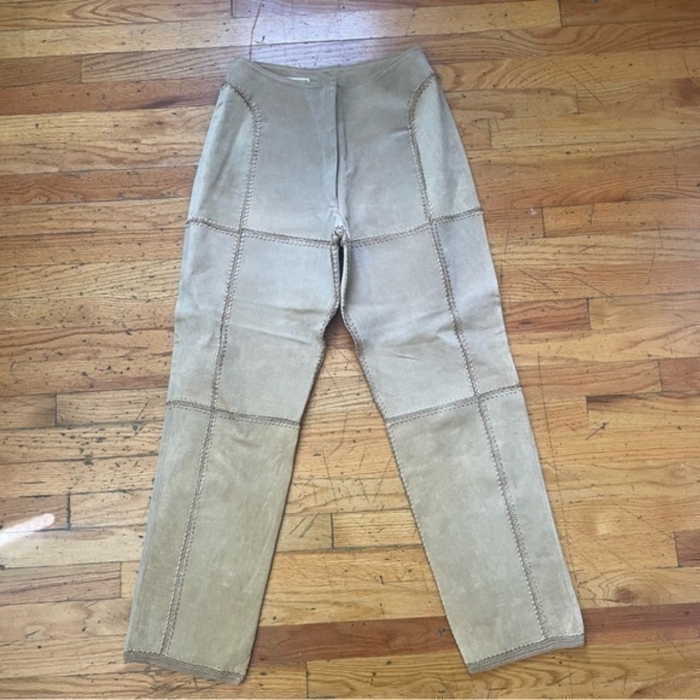 SMH Vintage Tan Leather Crochet Trim Pants Size 10 - Picture 1 of 8